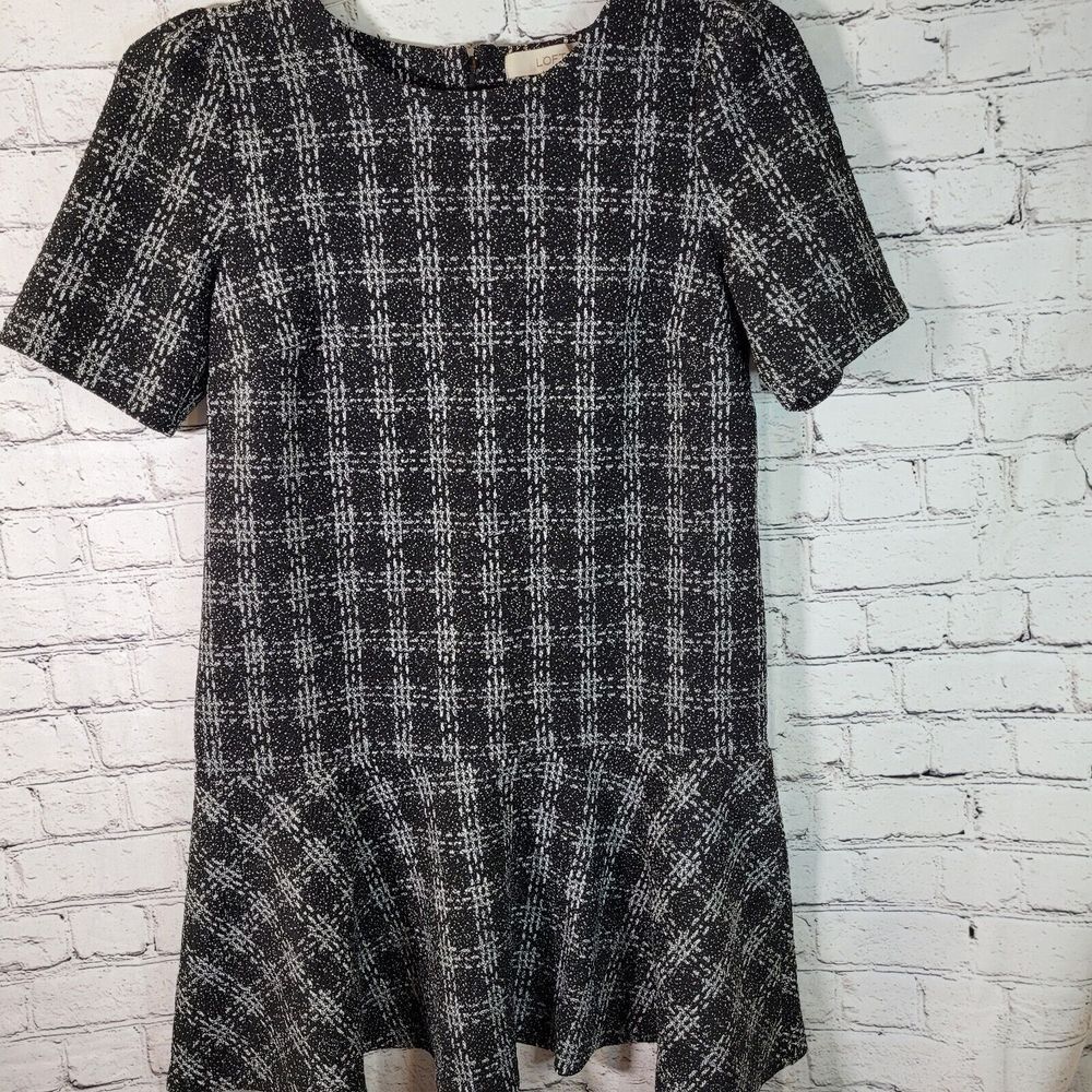 LOFT Drop Waist Dress Womens M Black White Excellent Plaid Ruffle Hem 450817